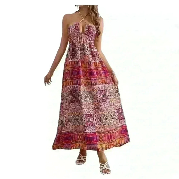 SHEIN VCAY Floral Print Open Back Drawstring Halter Dress Multicolor Size M - Picture 1 of 9